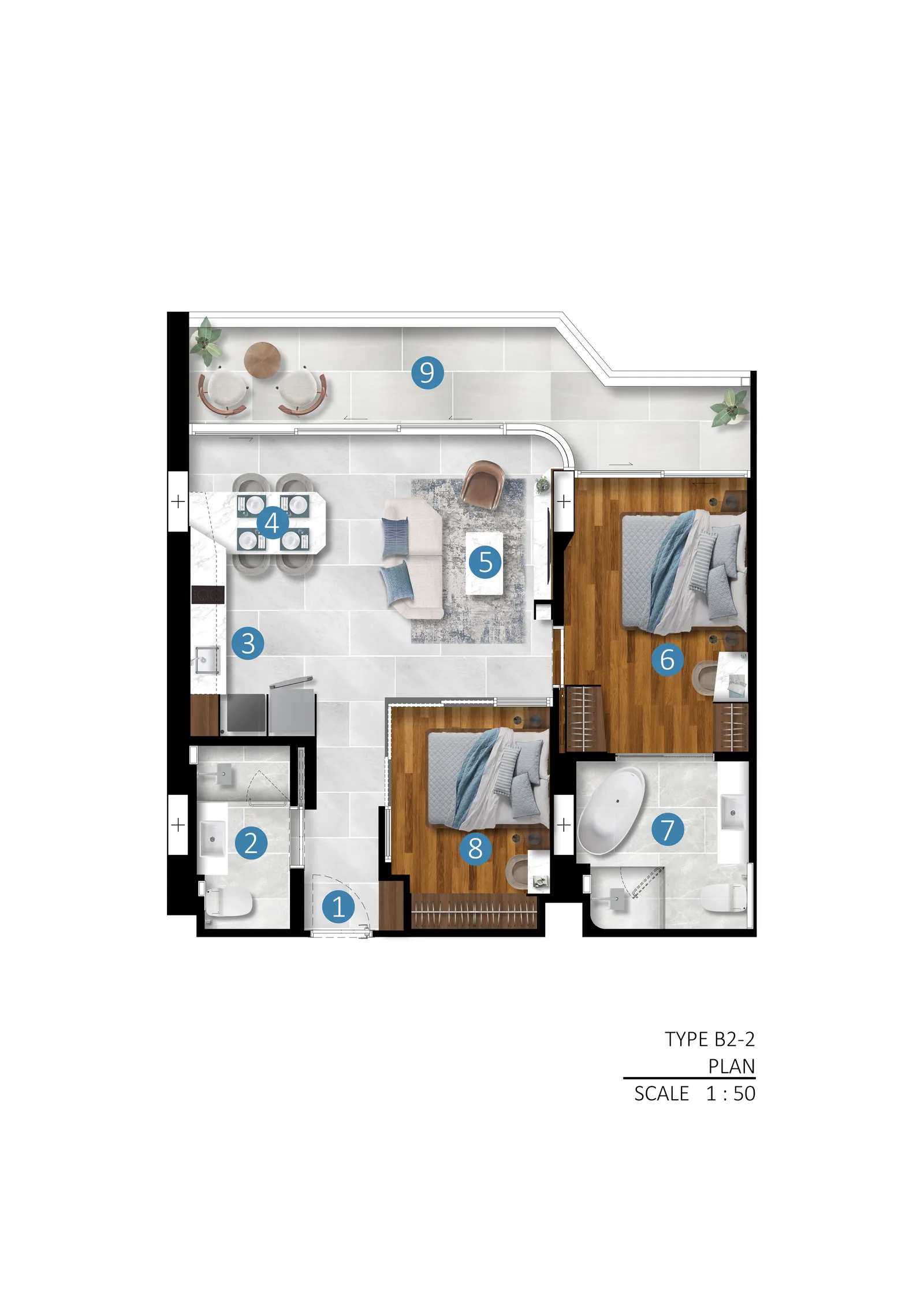 2-bedroom condo, 85 sqm