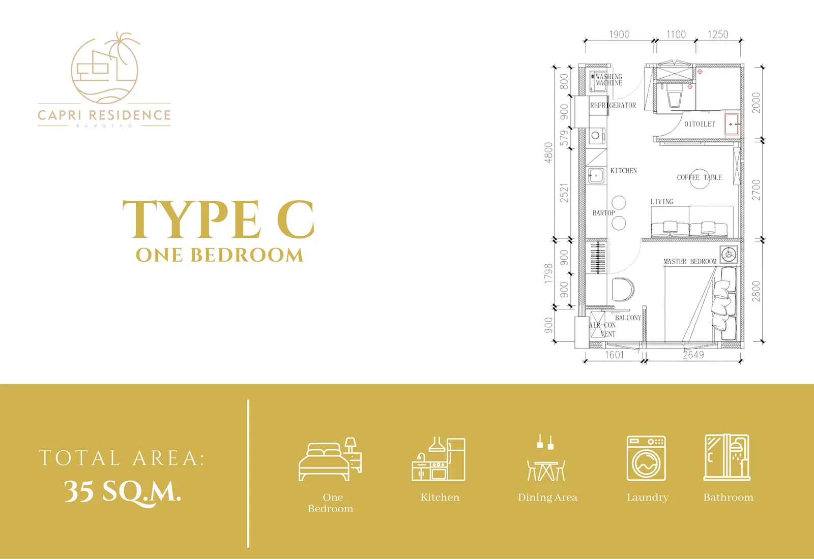 1-bedroom condo, 35 sqm