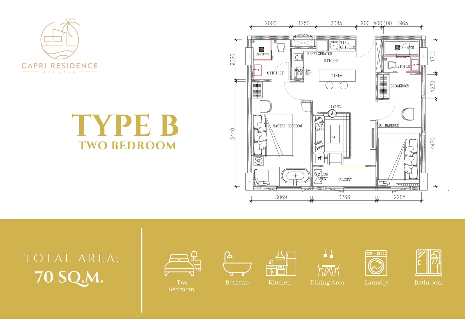 2-bedroom condo, 70 sqm