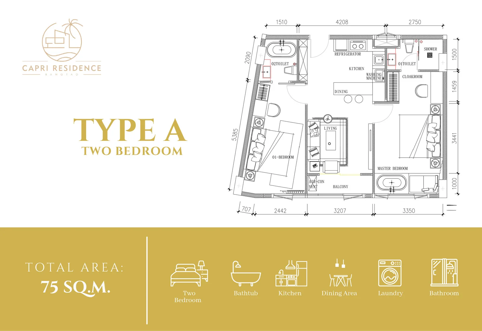 2-bedroom condo, 70 sqm