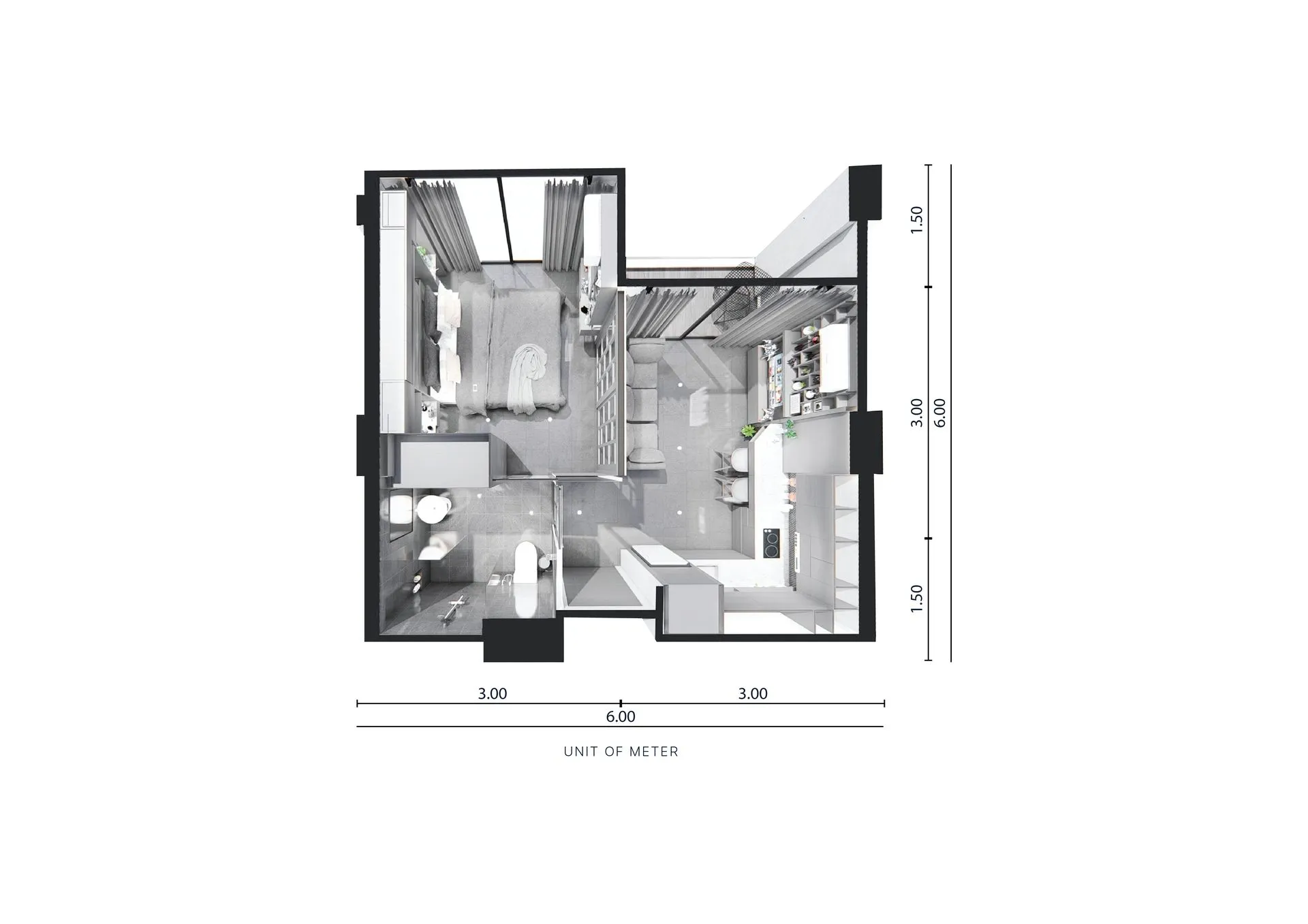 1-bedroom condo, 35 sqm