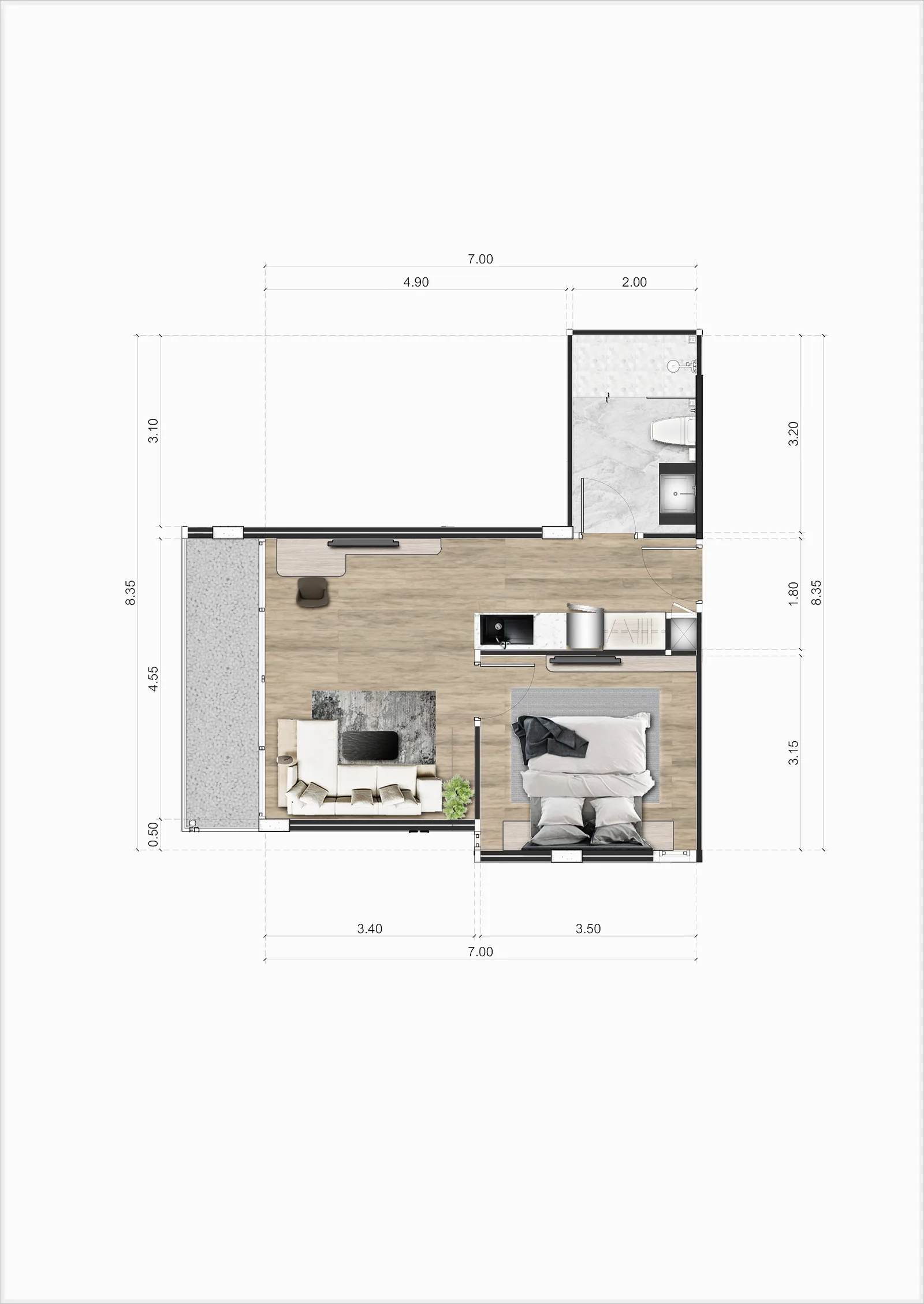 1-bedroom condo, 49 sqm