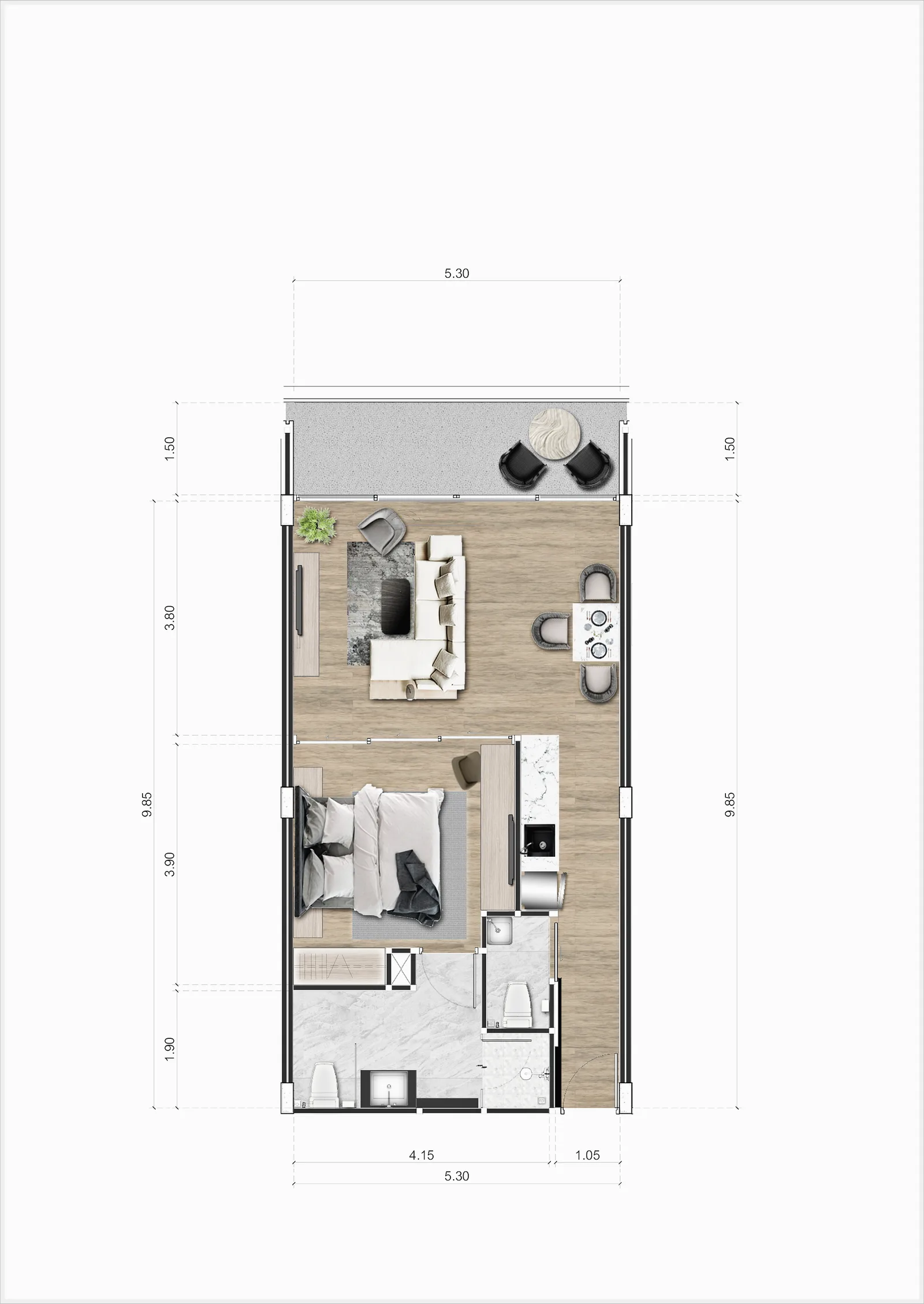 1-bedroom condo, 49 sqm