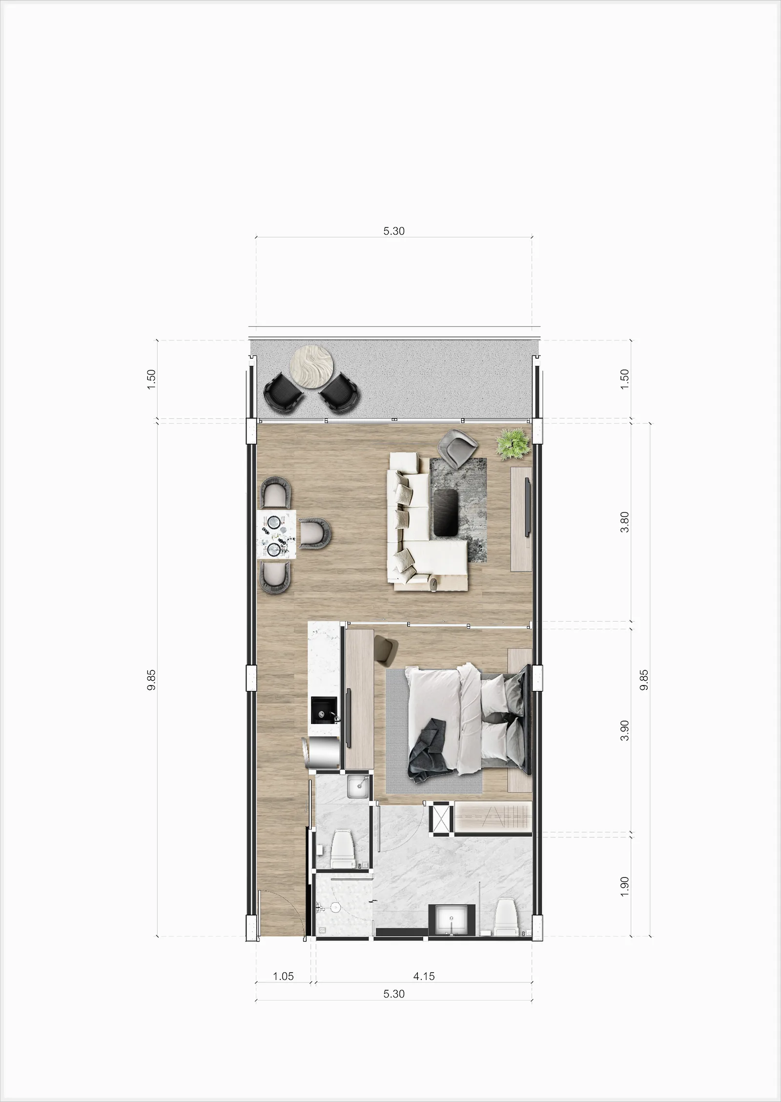 1-bedroom condo, 49 sqm
