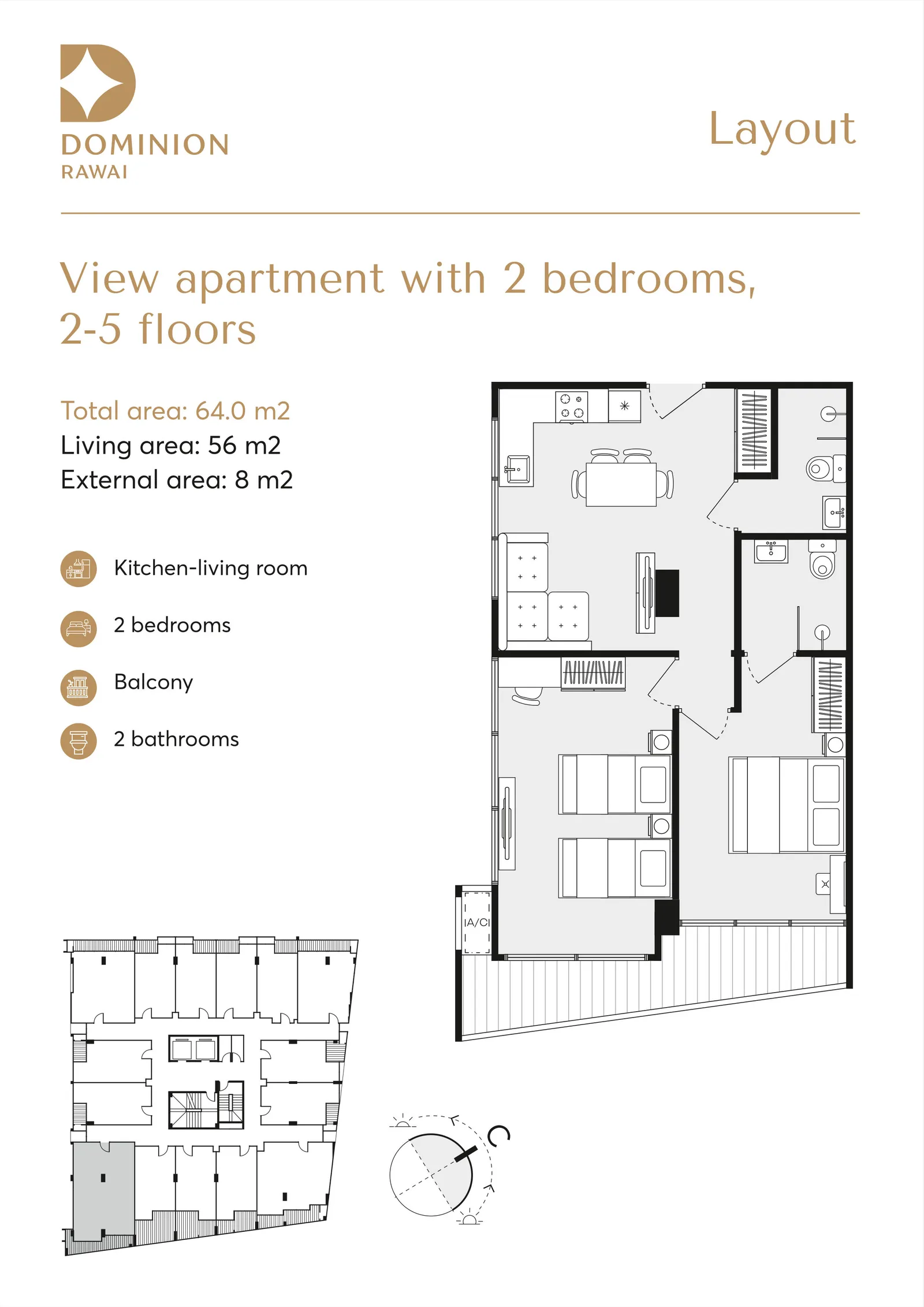 2-bedroom condo, 57 sqm