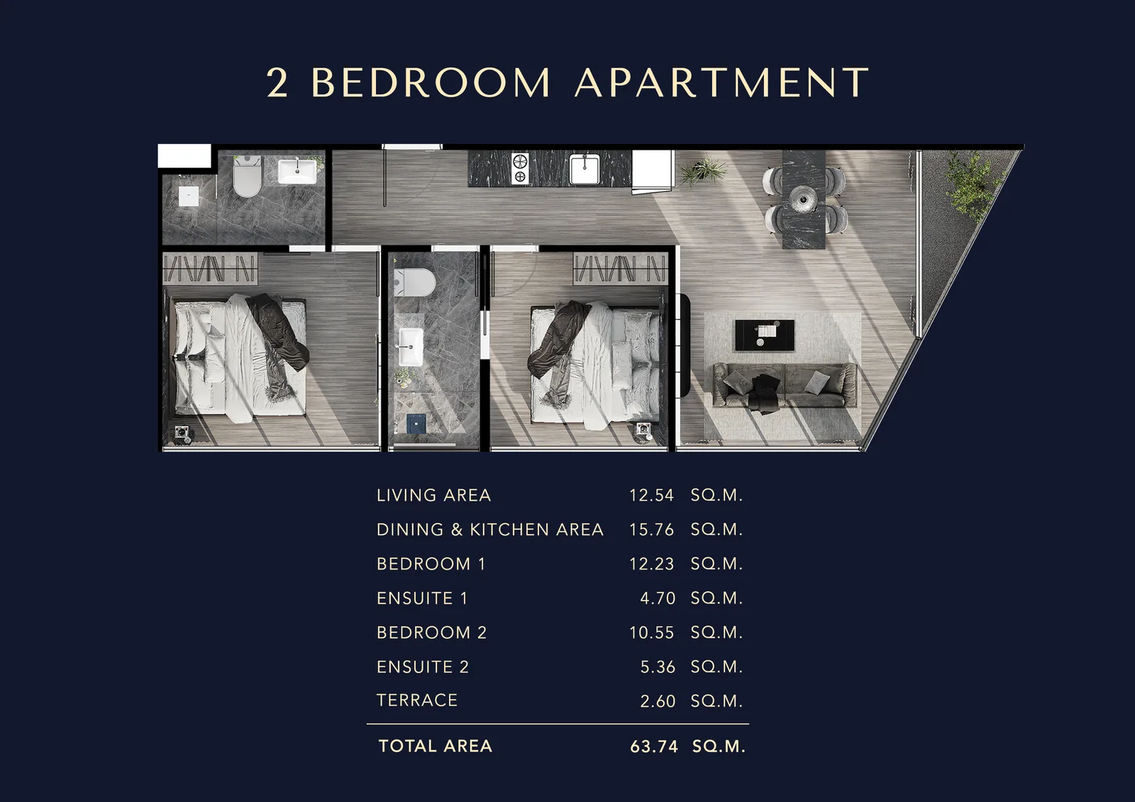 2-bedroom condo, 64 sqm