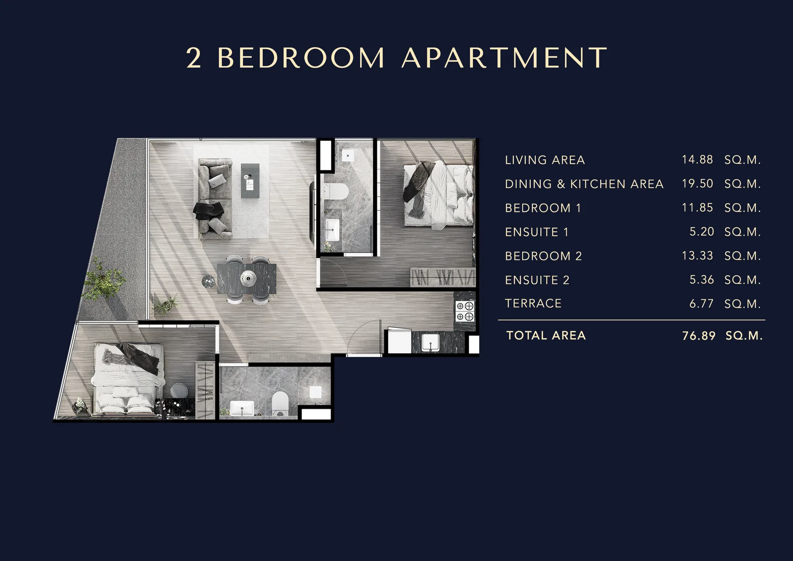 2-bedroom condo, 64 sqm