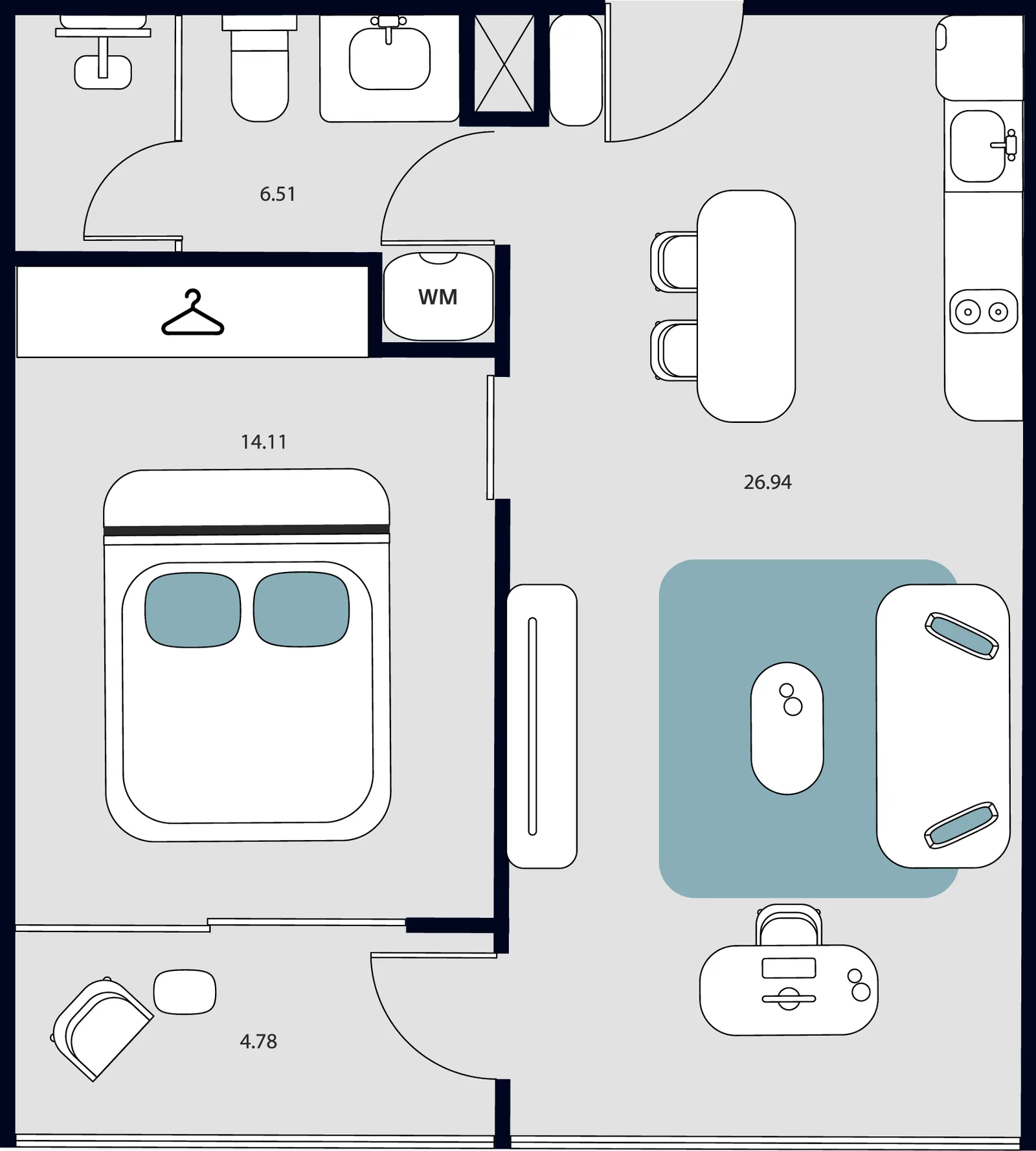 1-bedroom condo, 52 sqm