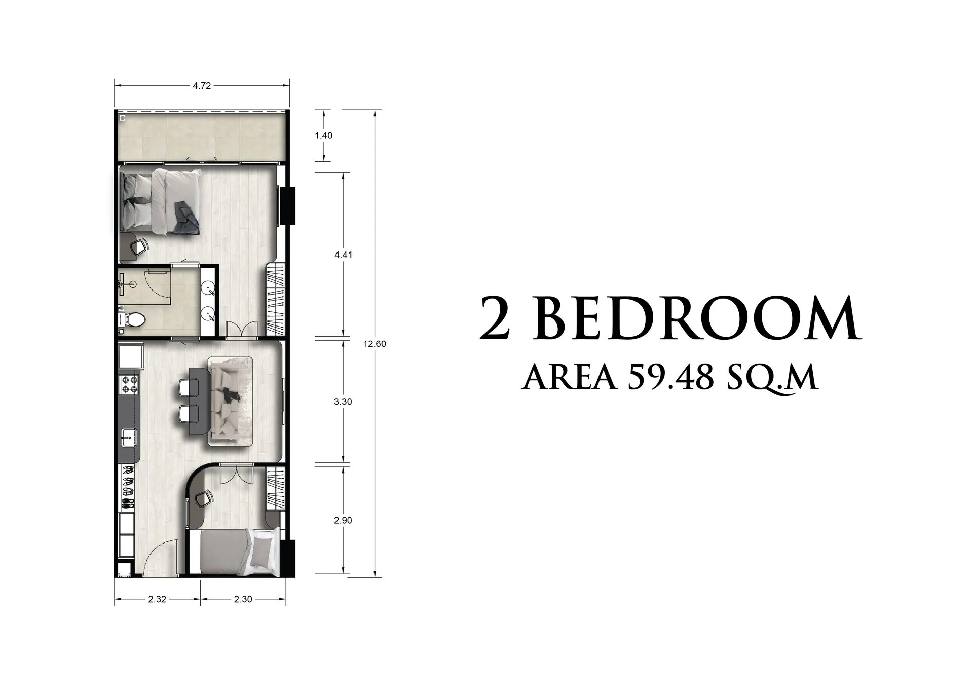 1-bedroom condo, 51 sqm