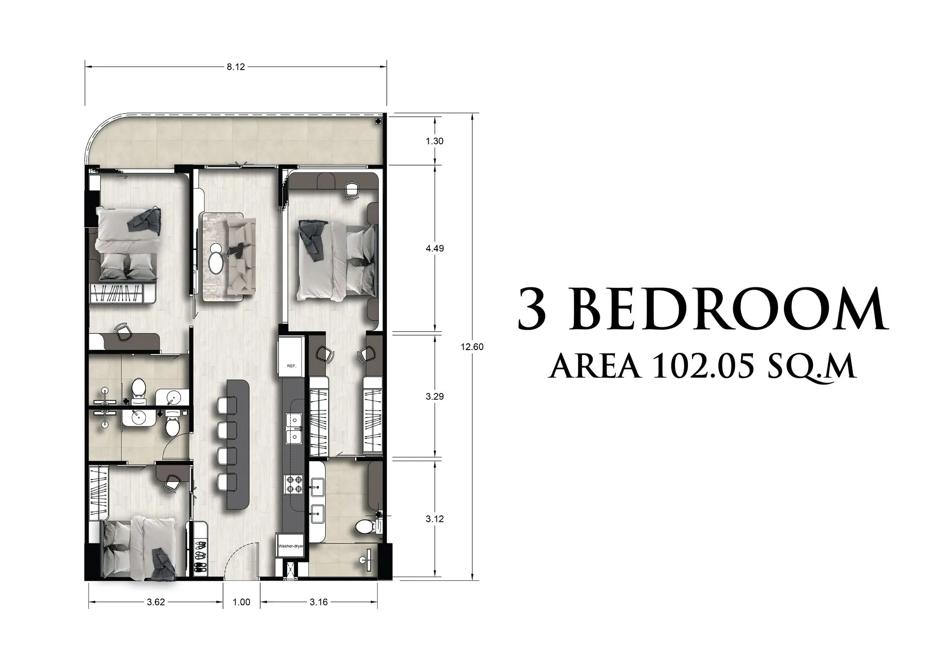 1-bedroom condo, 51 sqm