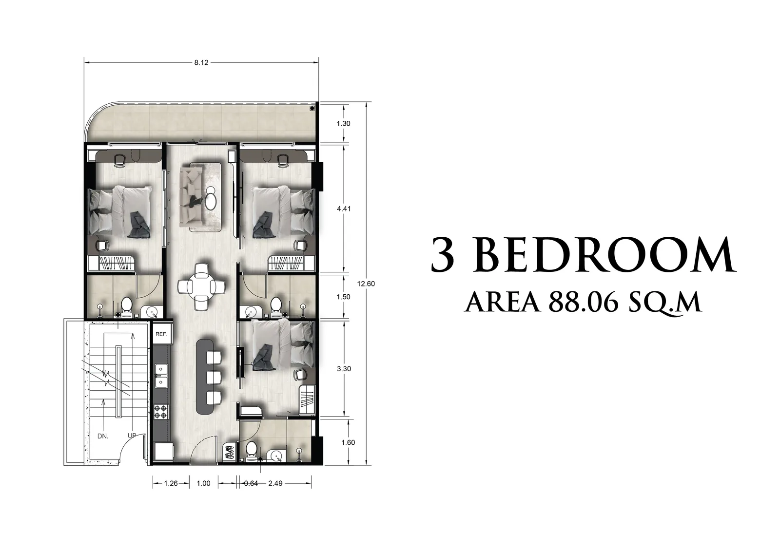 3-bedroom condo, 88 sqm