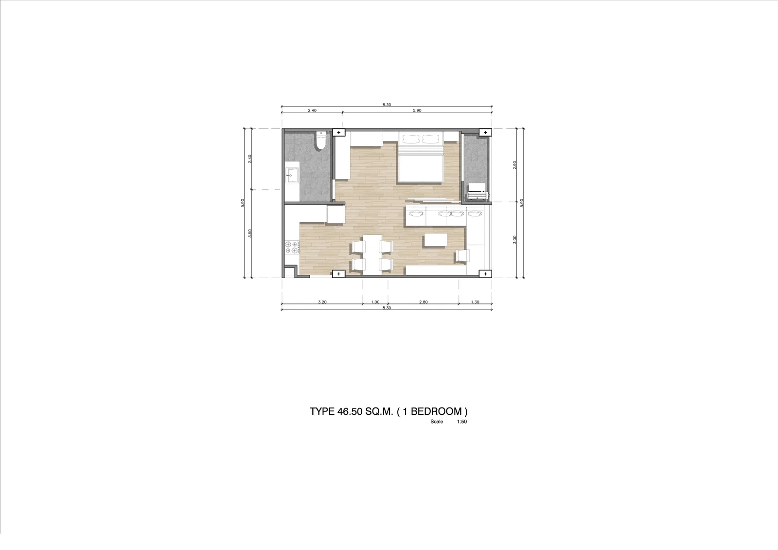 1-bedroom condo, 47 sqm