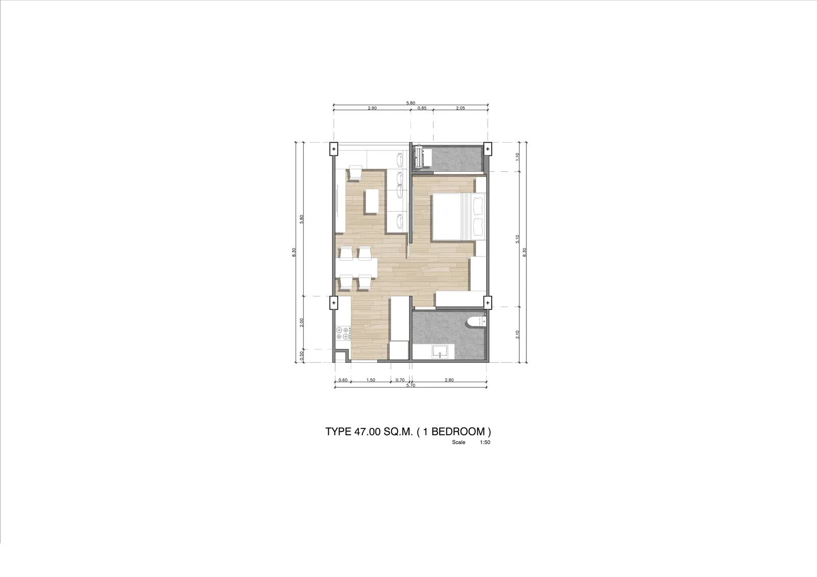 1-bedroom condo, 47 sqm