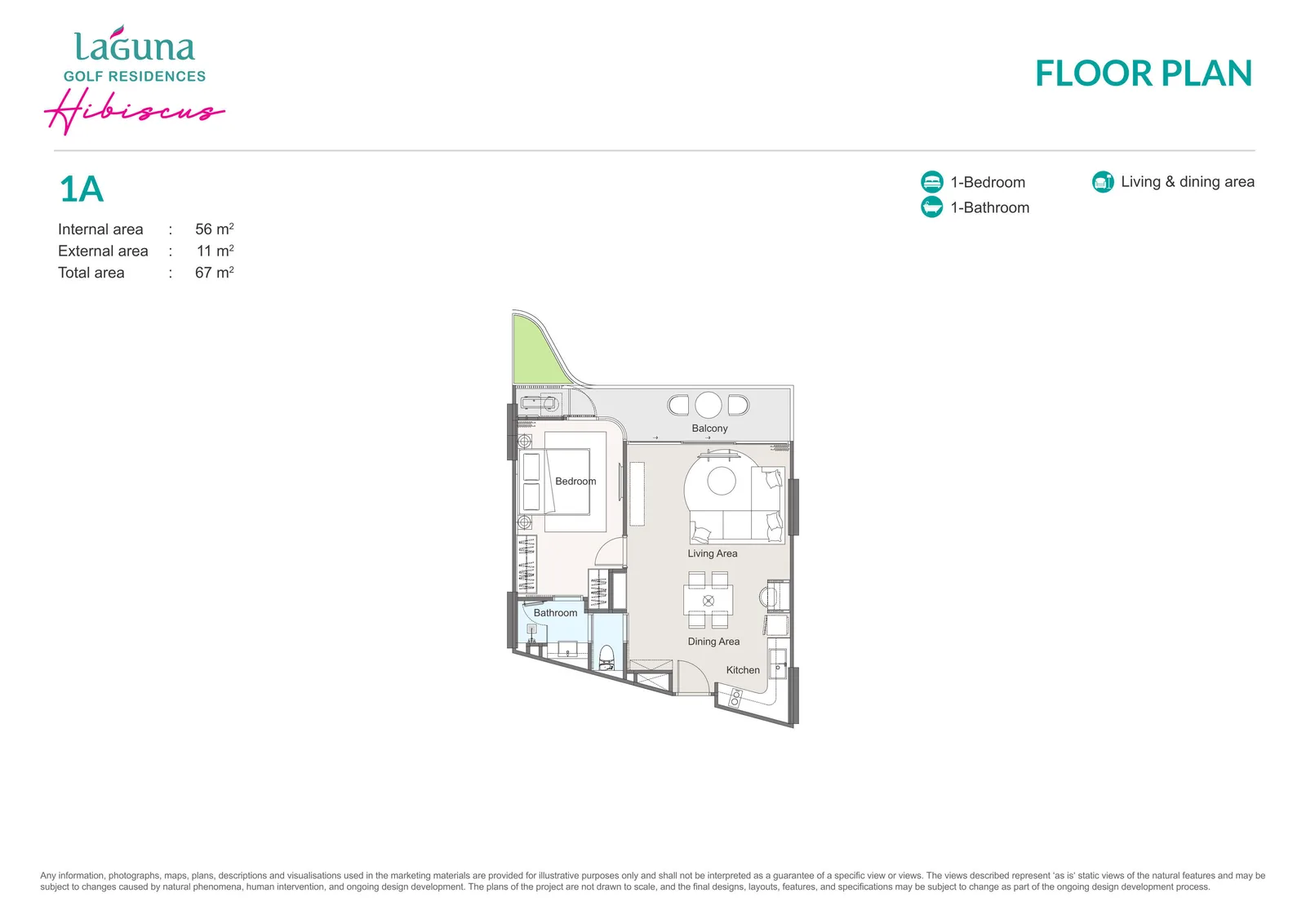1-bedroom condo, 67 sqm