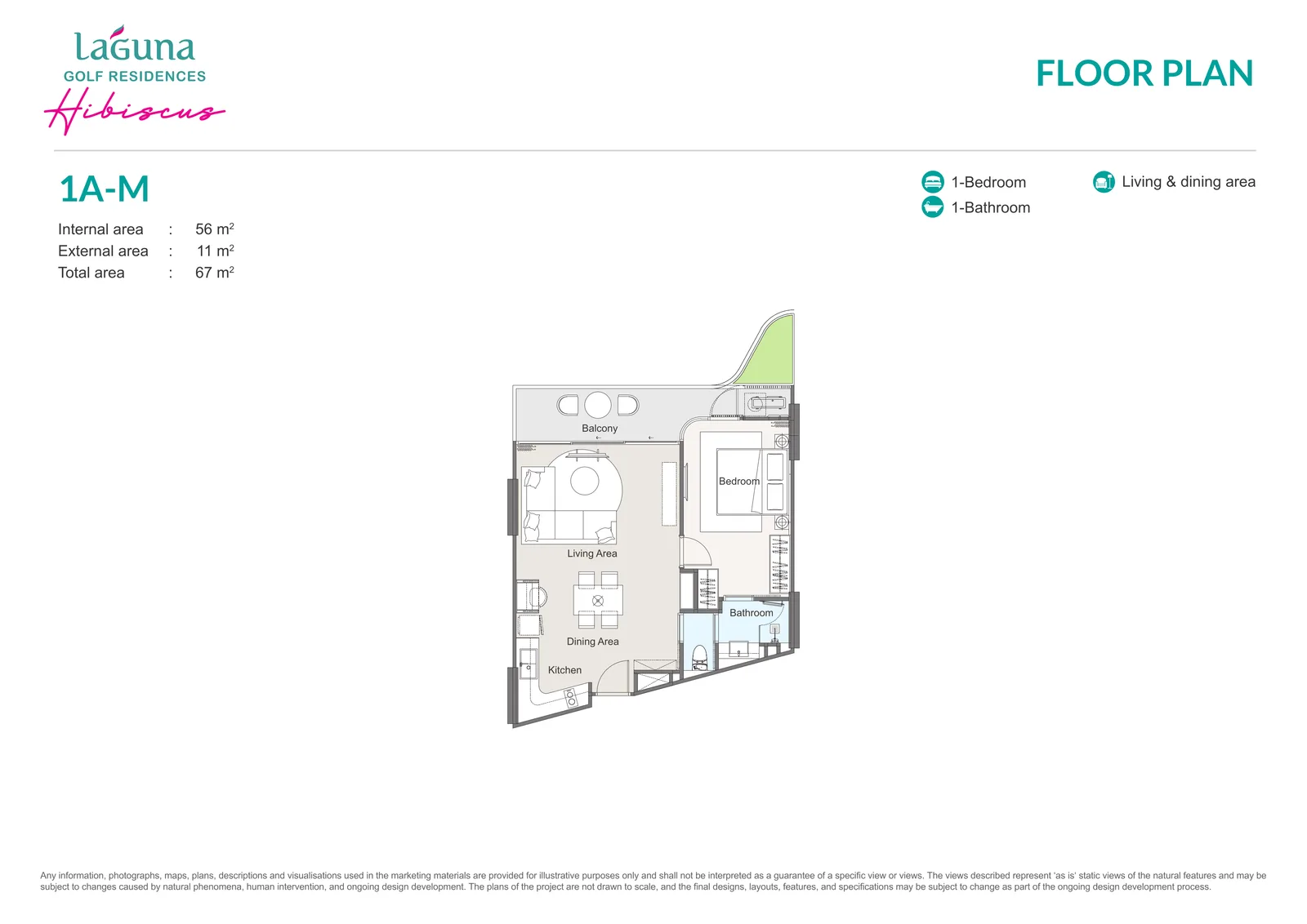 1-bedroom condo, 67 sqm