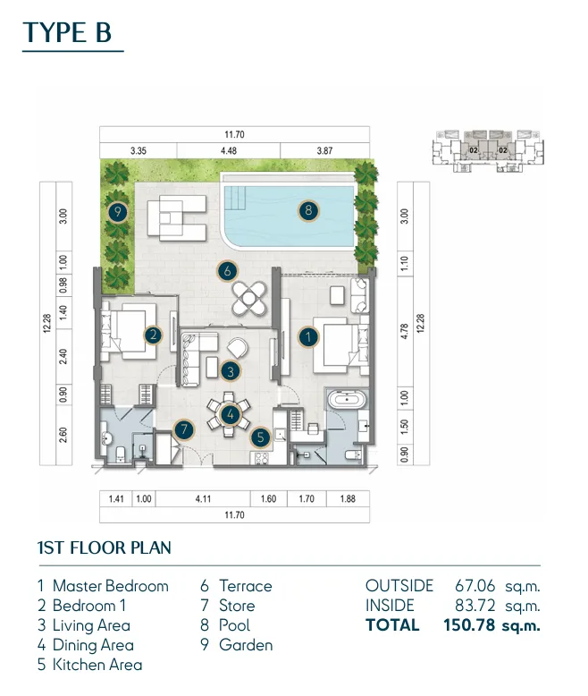 2-bedroom condo, 88 sqm