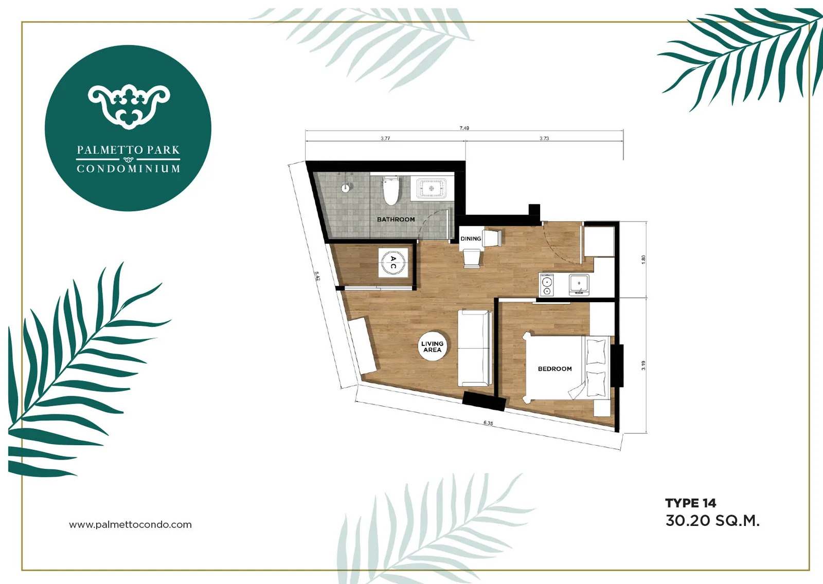 1-bedroom condo, 30 sqm