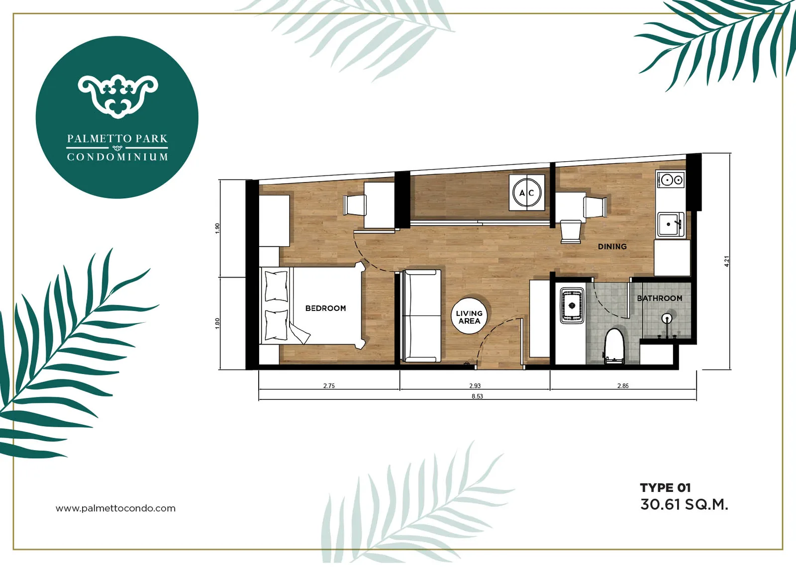1-bedroom condo, 30 sqm