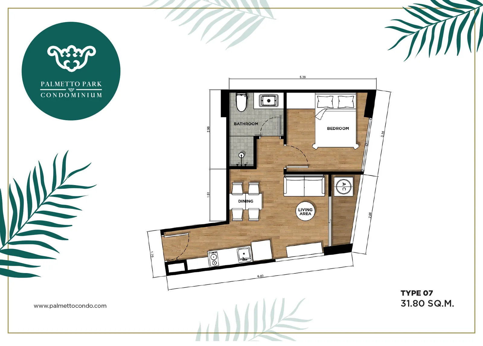 1-bedroom condo, 30 sqm