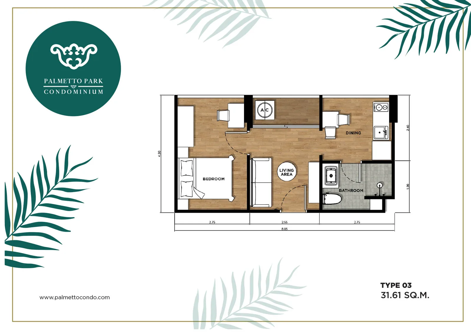 1-bedroom condo, 30 sqm