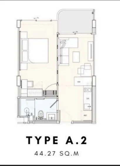 1-bedroom condo, 44 sqm