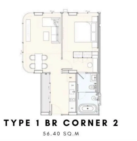 1-bedroom condo, 44 sqm
