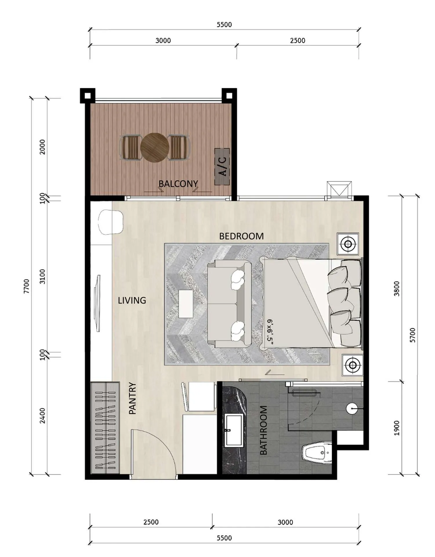 2-bedroom condo, 62 sqm