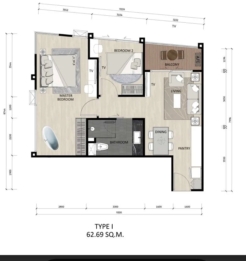 2-bedroom condo, 63 sqm