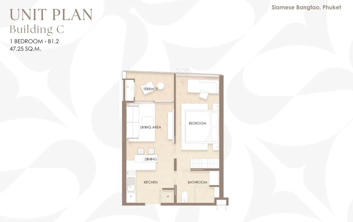 1-bedroom condo, 45 sqm