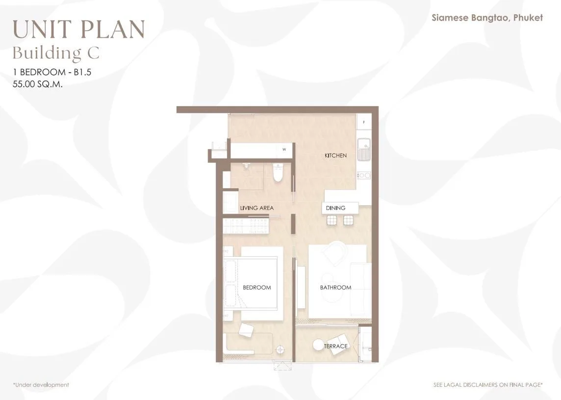 1-bedroom condo, 45 sqm