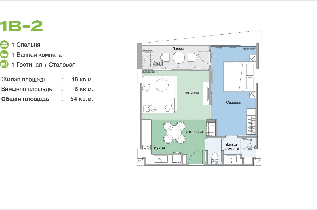 1-bedroom condo, 54 sqm