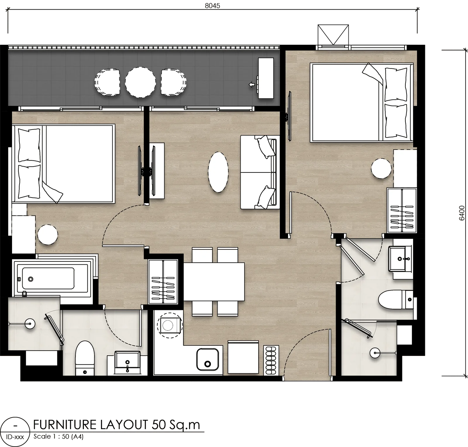 2-bedroom condo, 51 sqm