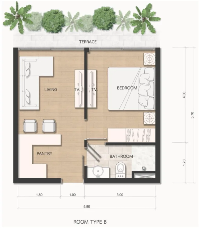 1-bedroom condo, 33 sqm