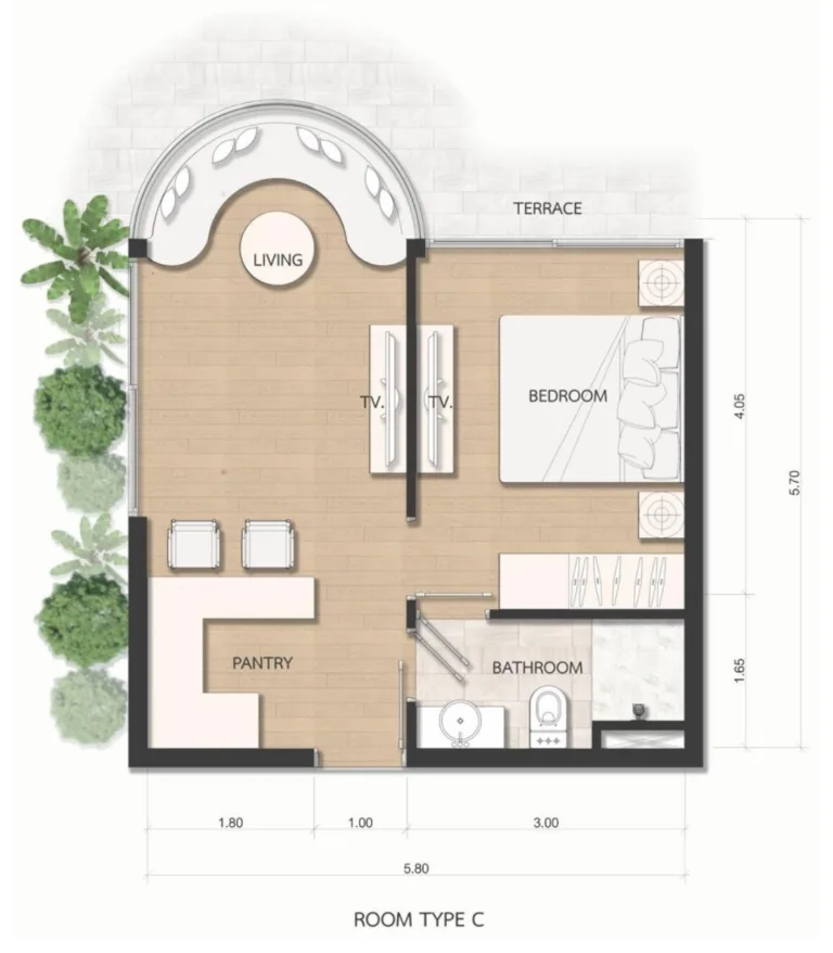 1-bedroom condo, 33 sqm