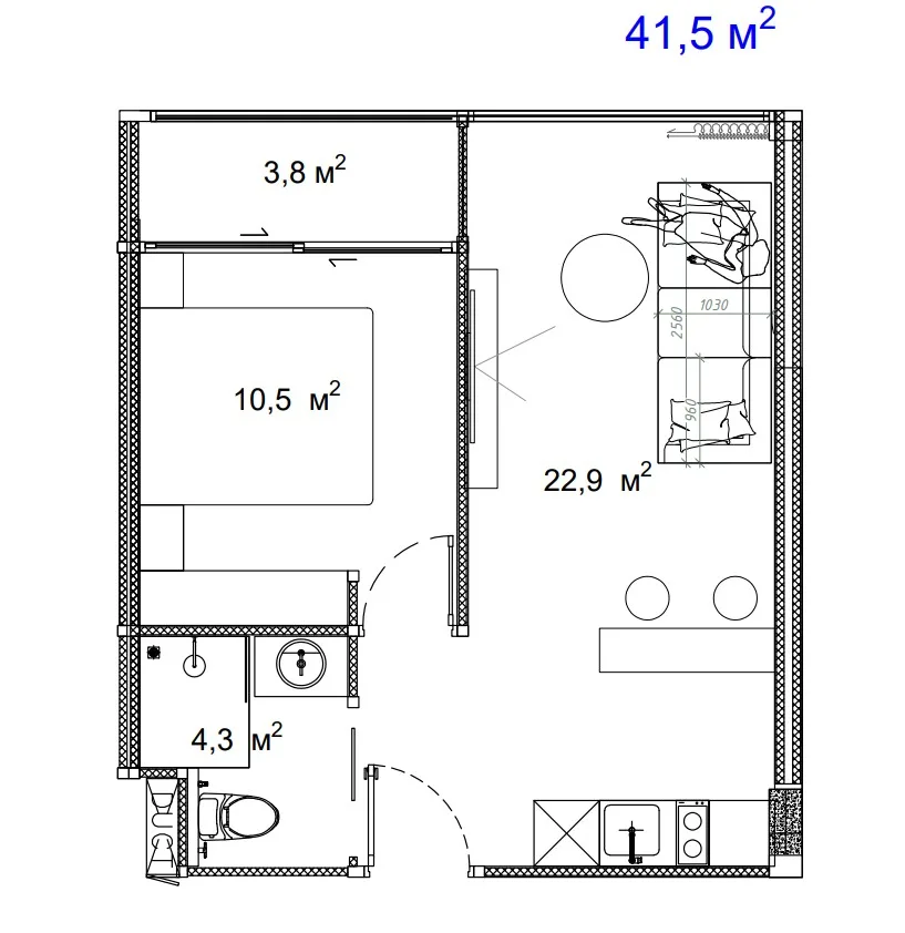 1-bedroom condo, 42 sqm