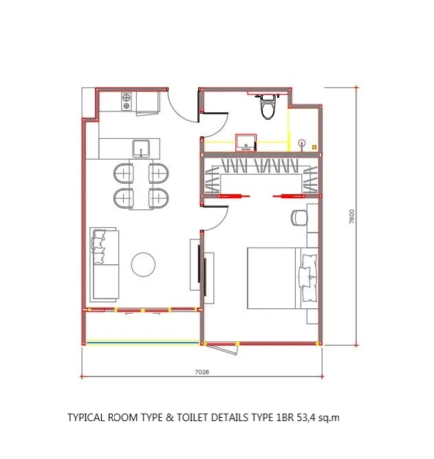 1-bedroom condo, 43 sqm