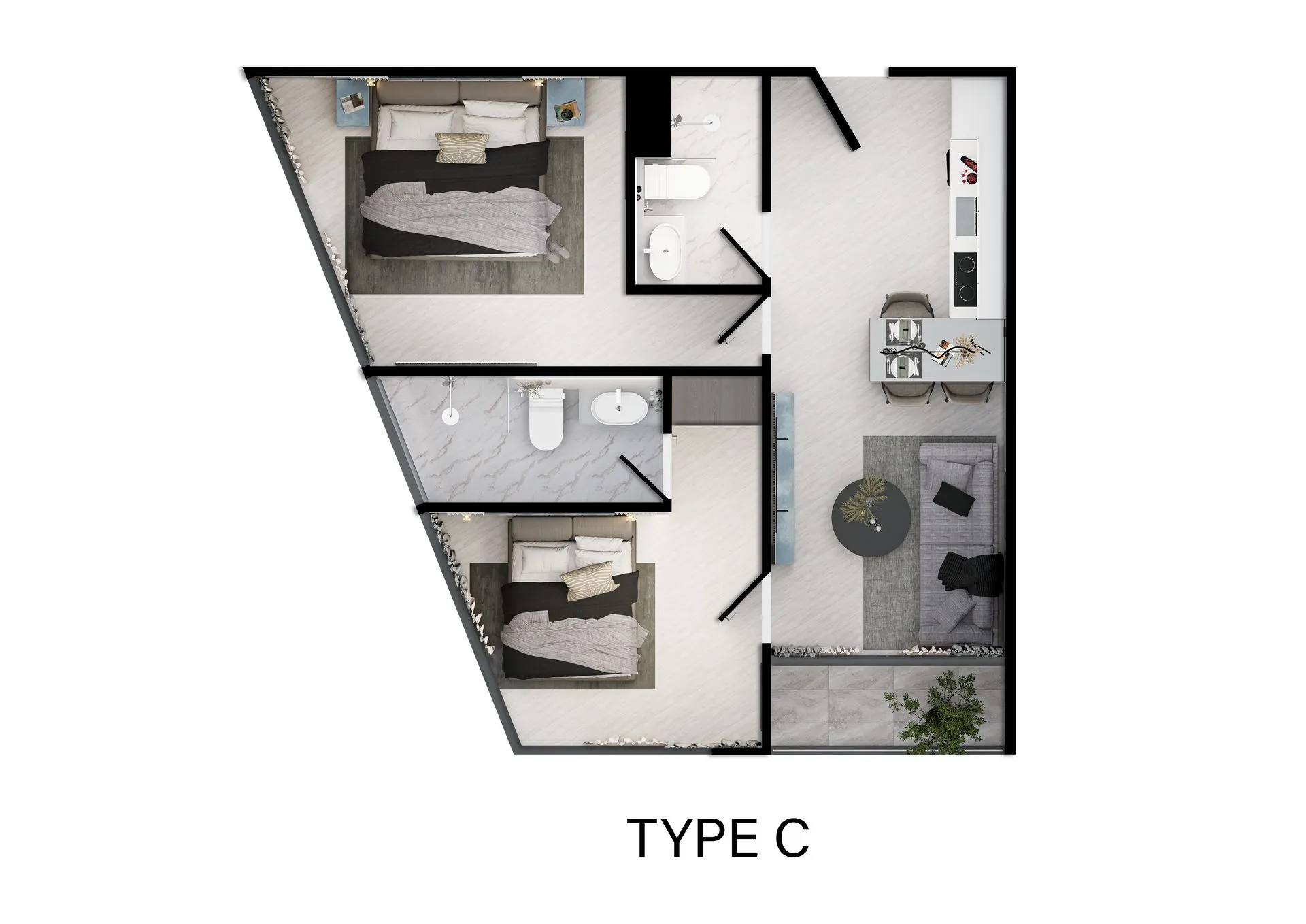 2-bedroom condo, 45 sqm