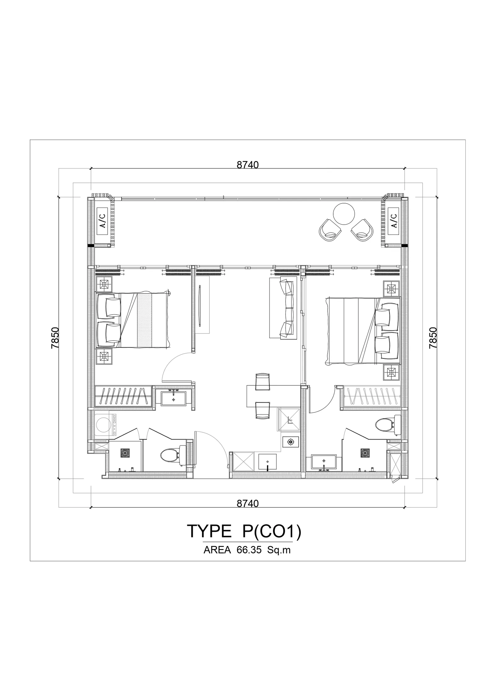 2-bedroom condo, 59 sqm