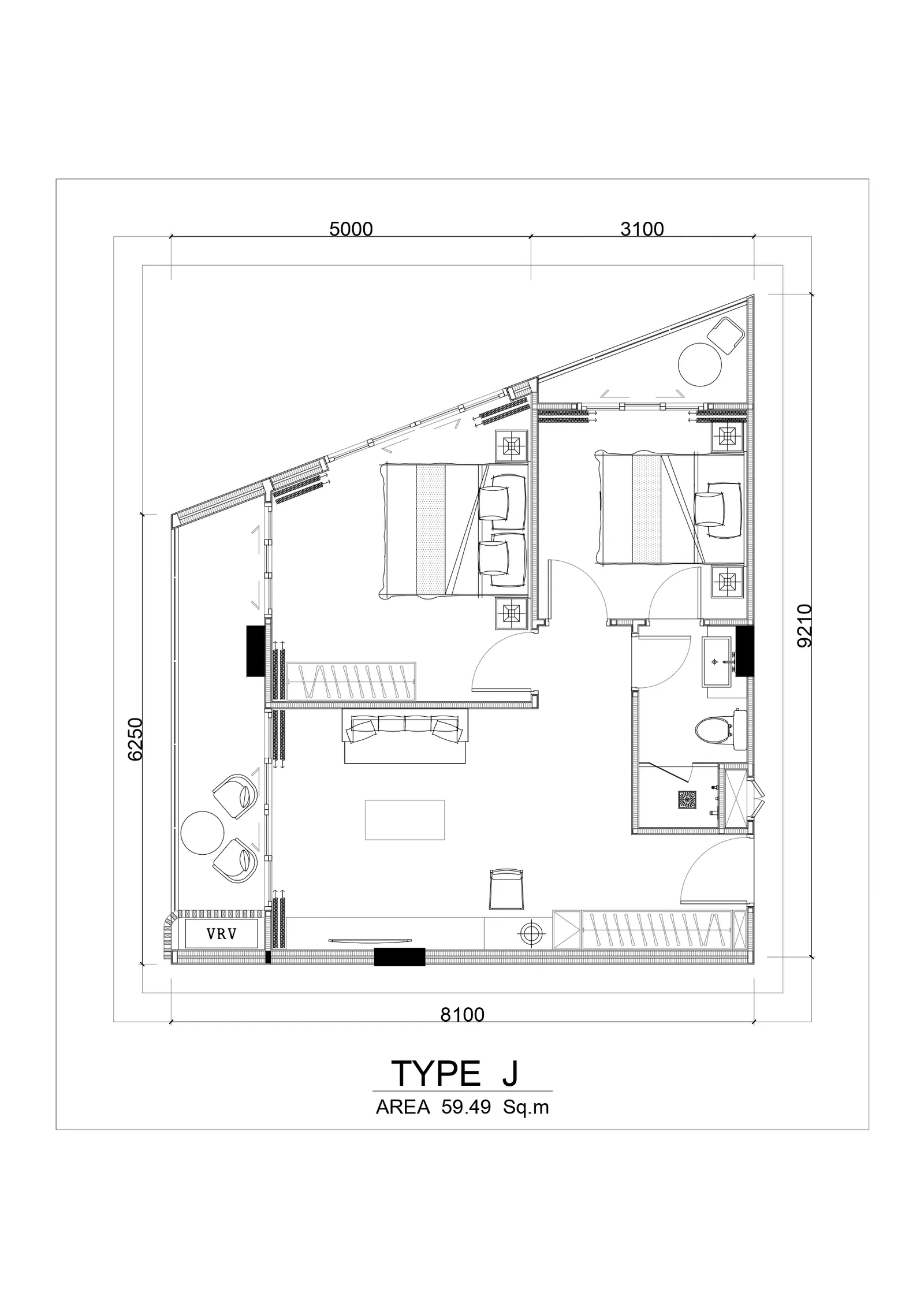 2-bedroom condo, 59 sqm