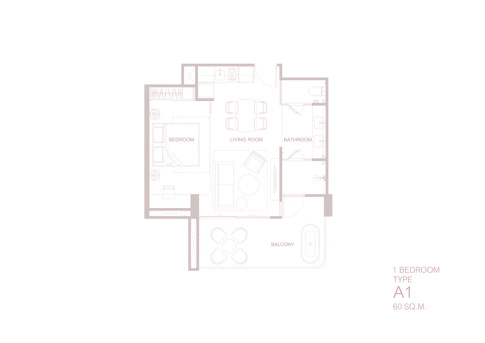 1-bedroom condo, 60 sqm