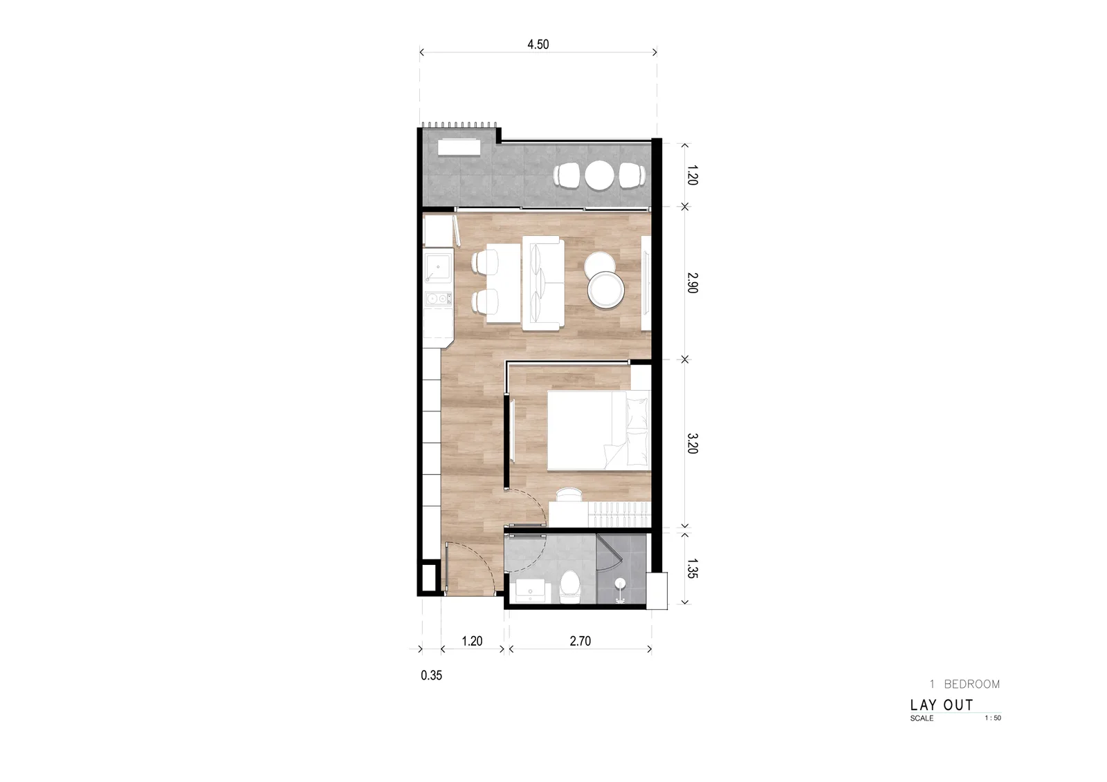 1-bedroom condo, 38 sqm