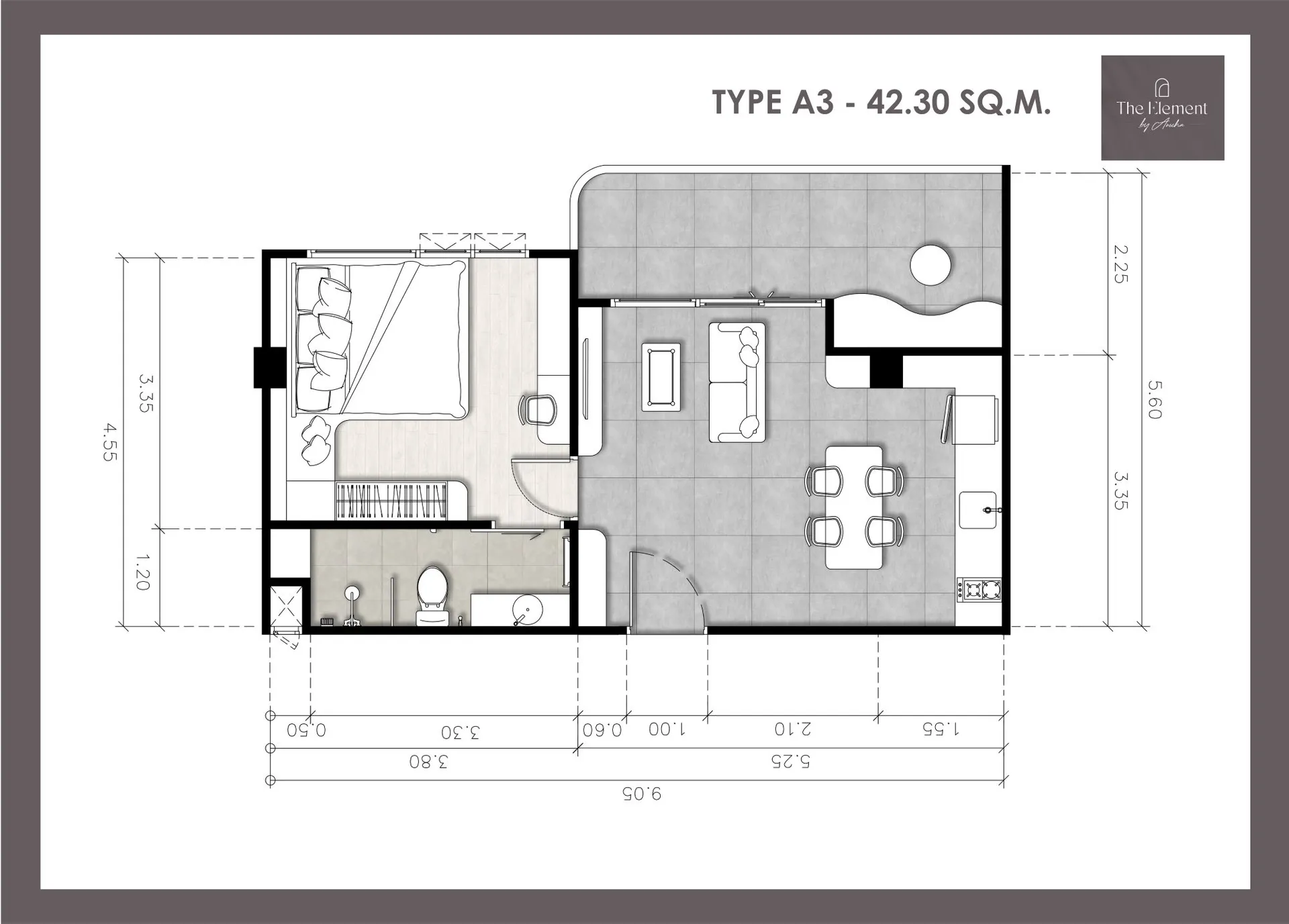2-bedroom condo, 49 sqm