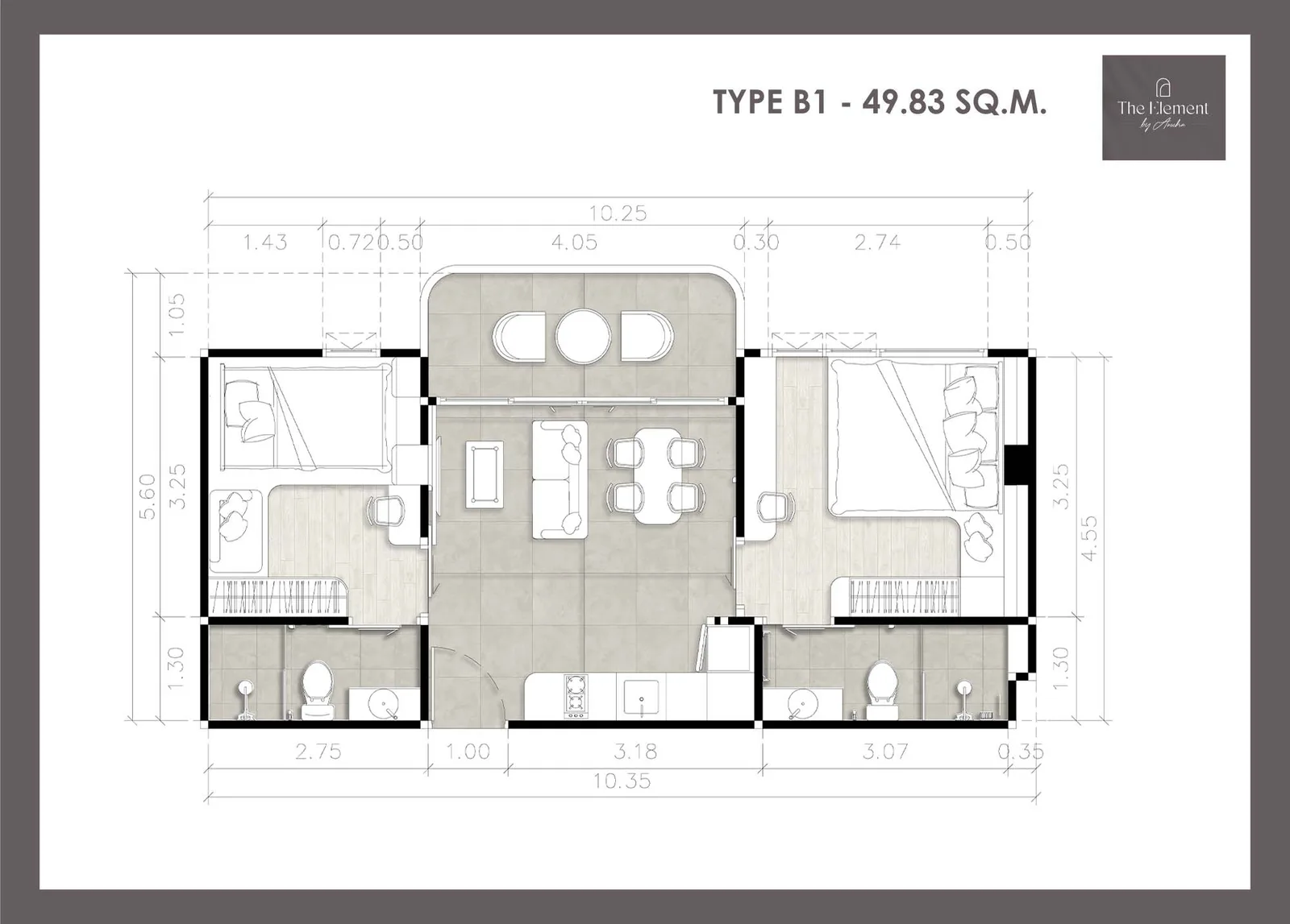 2-bedroom condo, 49 sqm
