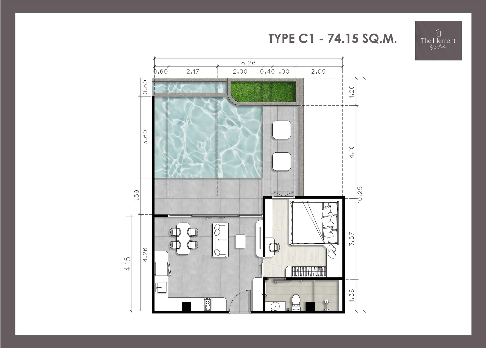 2-bedroom condo, 49 sqm