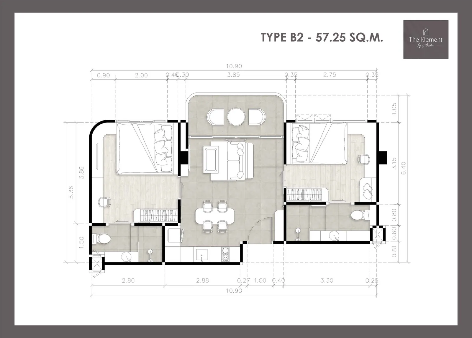 2-bedroom condo, 49 sqm