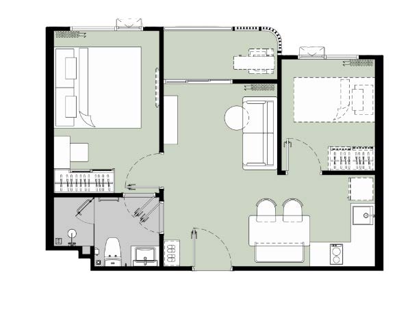 1-bedroom condo, 44 sqm