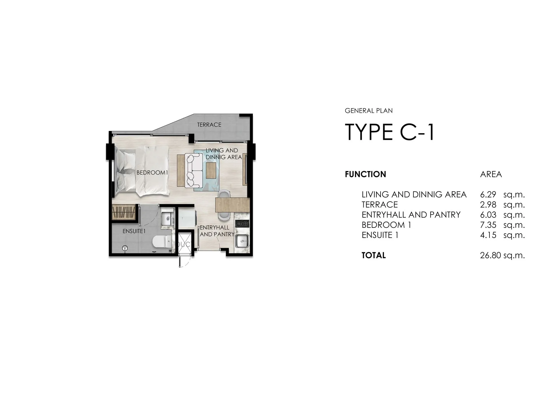 1-bedroom condo, 30 sqm