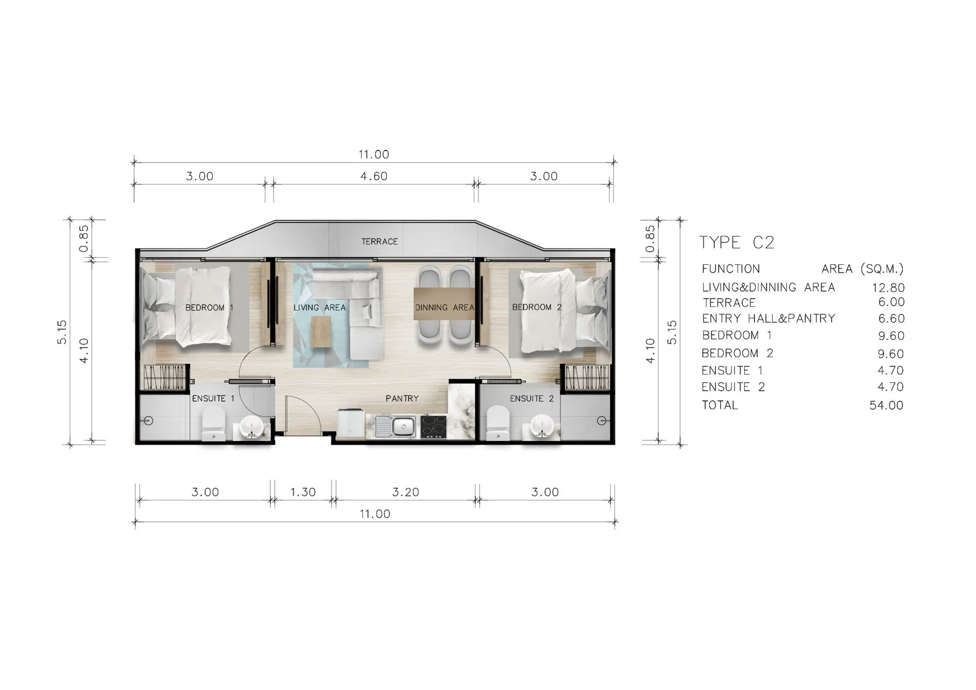 1-bedroom condo, 30 sqm