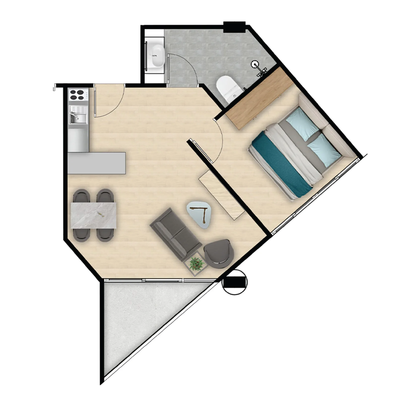 1-bedroom condo, 30 sqm