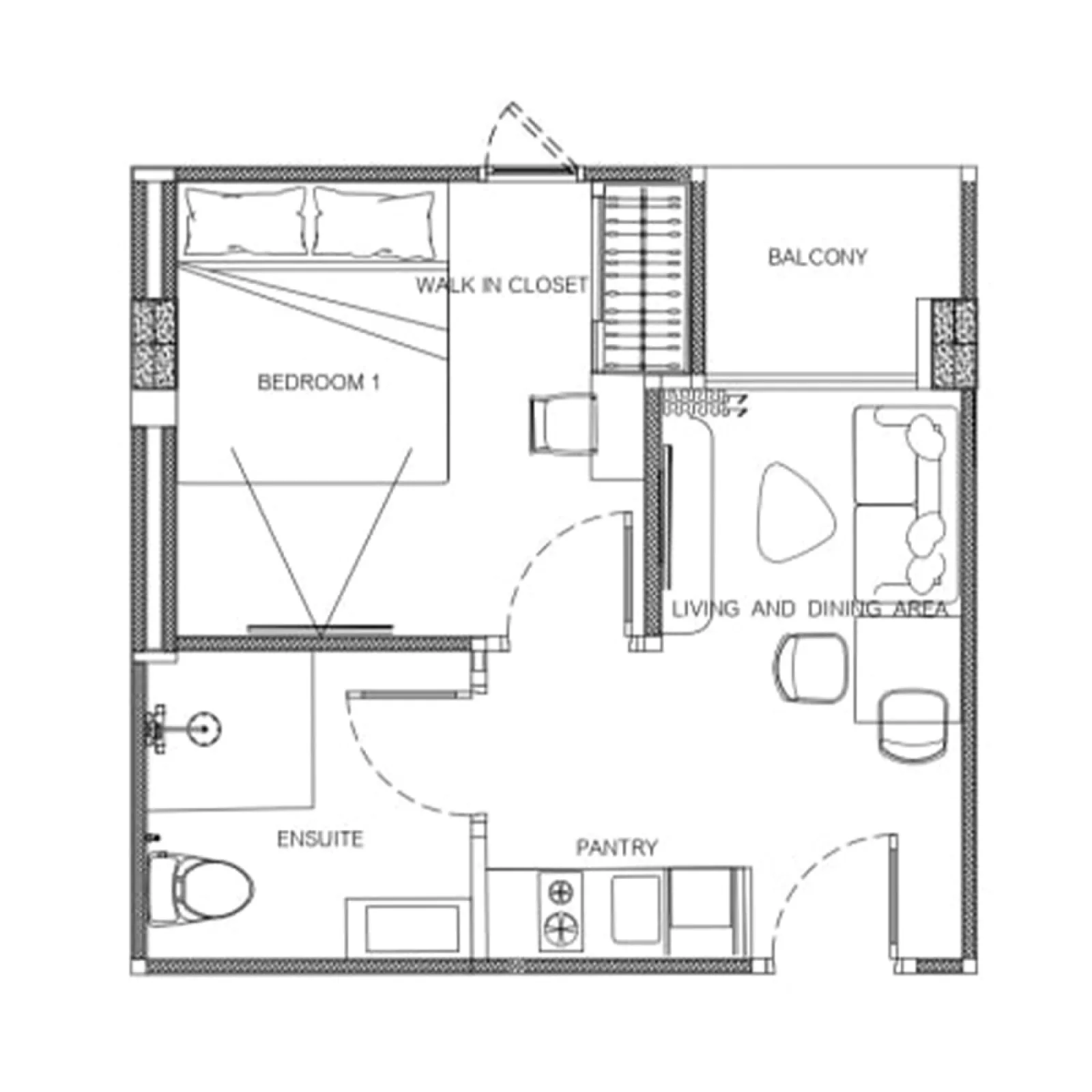 1-bedroom condo, 30 sqm